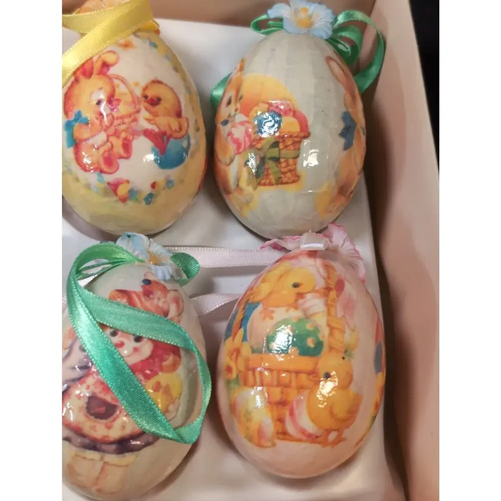6 Vintage Easter Egg Paper Mache Decoupage Ornaments Bunny Chick Kitschy 3”
